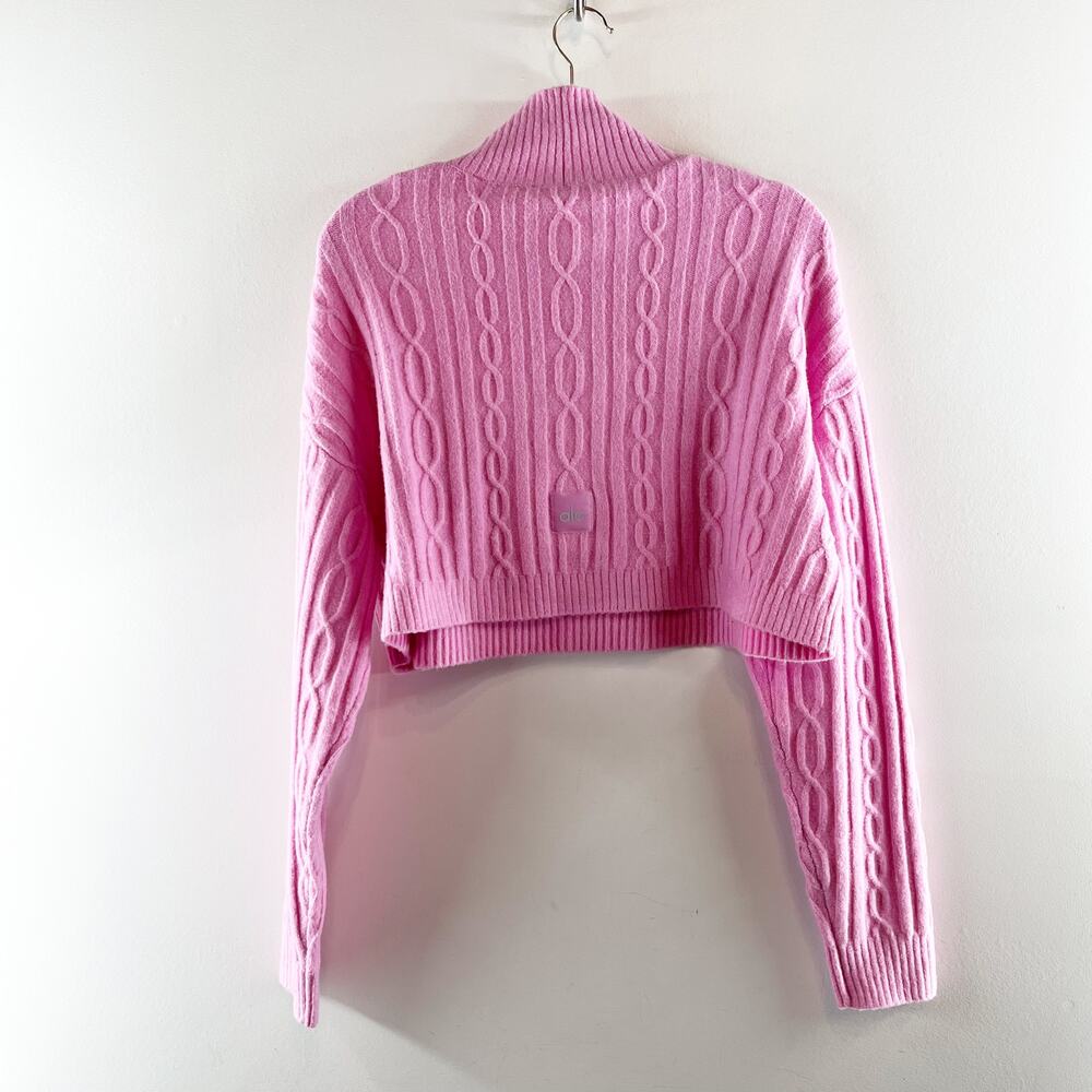 Alo Cable Knit Cropped Winter Bliss Turtleneck Long Sleeve Candy Heart Pink XS - Picture 5 of 5